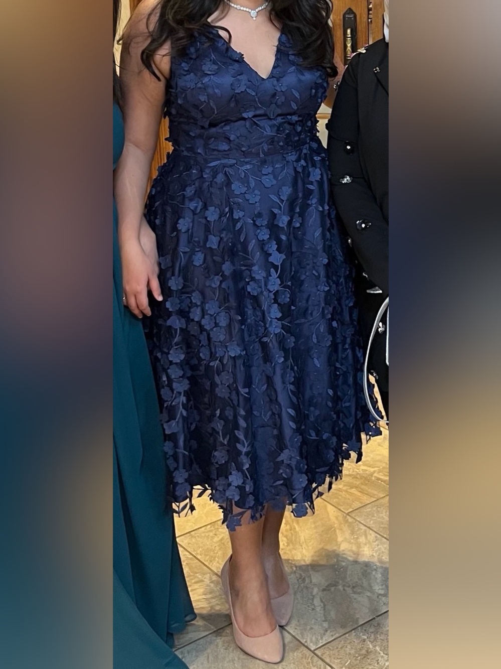 Elegant Navy Floral Appliqué Midi Dress